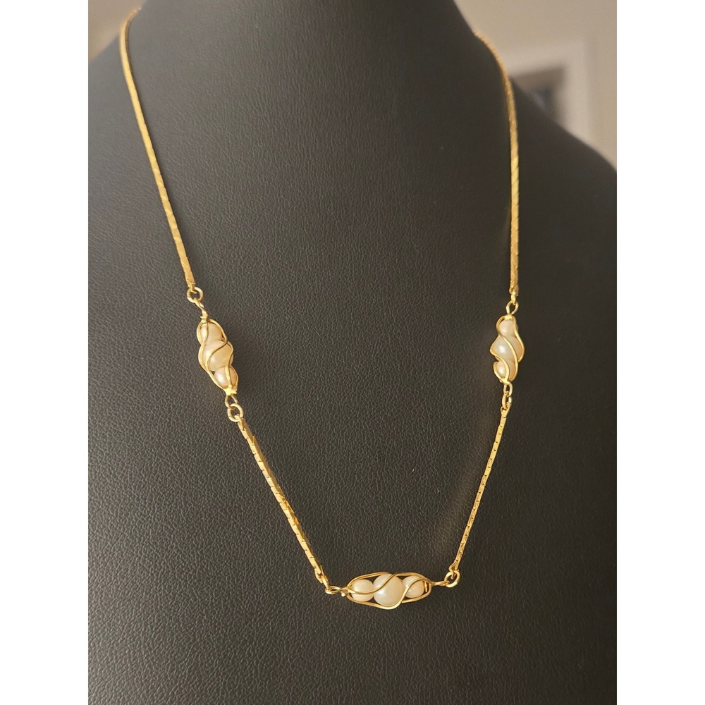 Faux Caged Pearl Station Necklace Goldtone Vintage